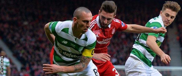 Celtic's Scott Brown holds off Aberdeen's Graeme Shinnie