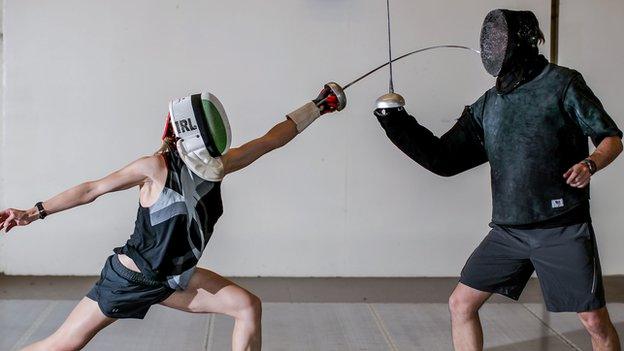 Natalya Coyle gets in some fencing practice during the Covid-19 lockdown earlier this year