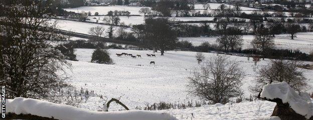 Snow covered fields north of Cheltenham