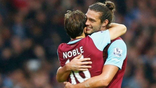 Andy Carroll and Mark Noble celebrate West Ham's win