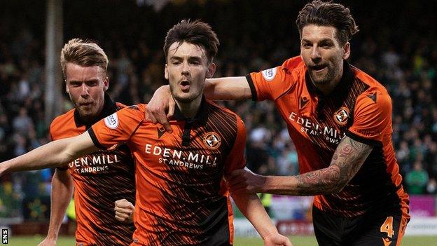 Dylan Levitt (centre) celebrates scoring for Dundee United