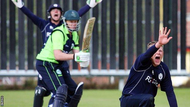 Scotland bowler Michael Leask appeals during the first T20 game against Ireland