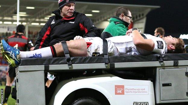 Iain Henderson is taken from the field after sustaining the hamstring injury against Edinburgh