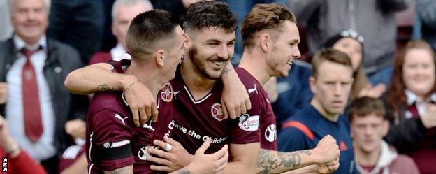 Jamie Walker, Callum Paterson and Sam Nicholson celebrate for Hearts