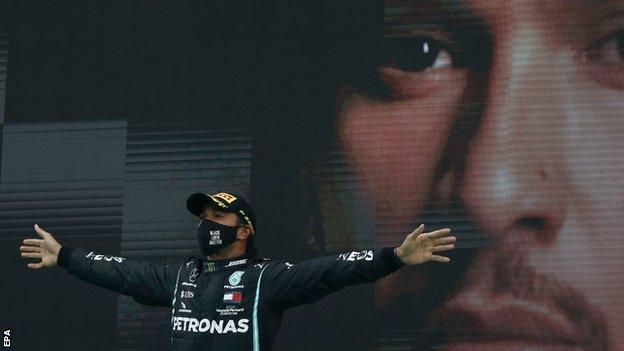 Lewis Hamilton on the podium at Portimao