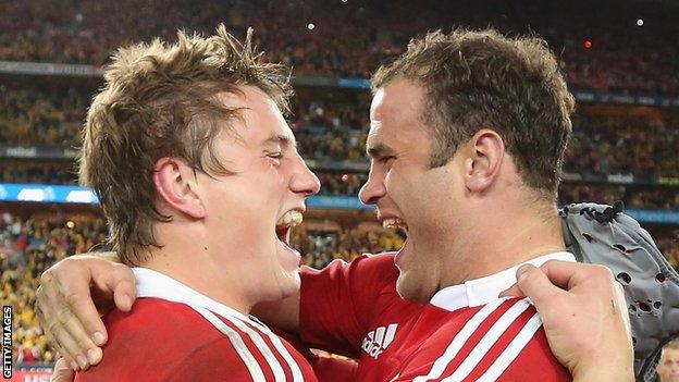 Jonathan Davies and Jamie Roberts celebrate the Lions beating Australia in 2013