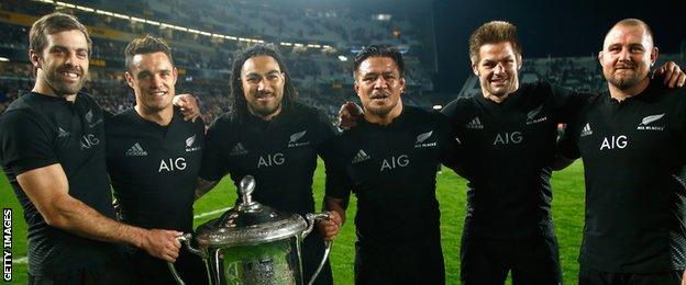 (Left to right) Conrad Smith, Dan Carter, Ma'a Nonu, Keven Mealamu, Richie McCaw and Tony Woodcock