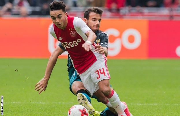 Abdelhak Nouri of Ajax, Pedro Chirivella Burgos of Go Ahead Eaglesduring the Dutch Eredivisie match between Ajax Amsterdam and Go Ahead Eagles at the Amsterdam Arena on May 07, 2017 in Amsterdam