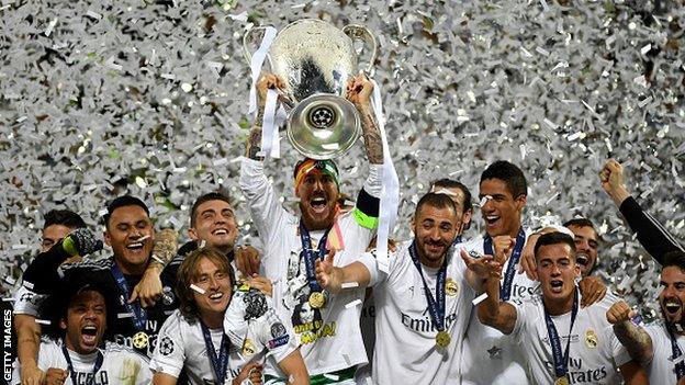 Real Madrid's players celebrate winning the Champions League