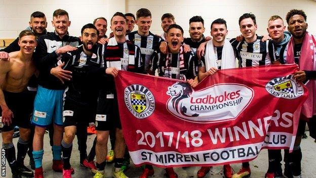 St Mirren players get the promotion party started after clinching the title