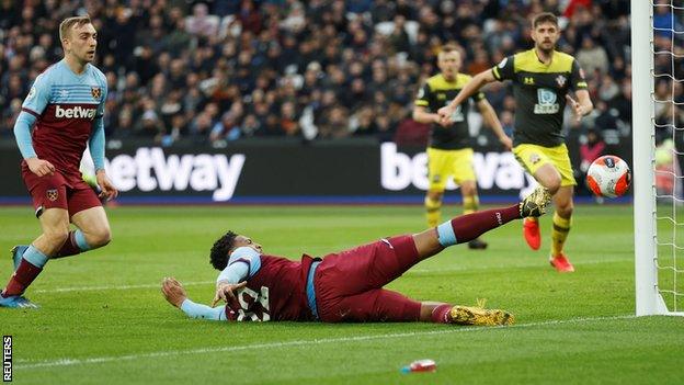 West Ham United's Sebastien Haller scores their second goal against Southampton