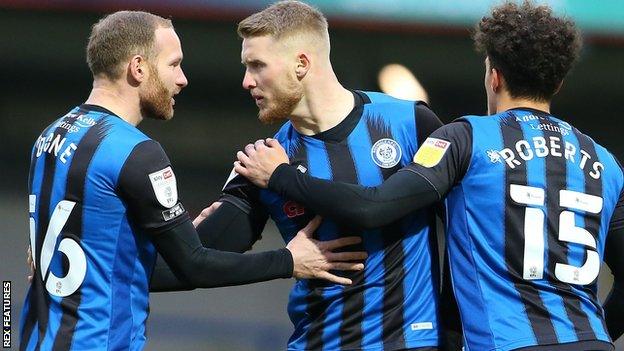 Rochdale celebrate Stephen Humphrys's first goal against Wigan