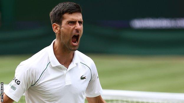 Novak Djokovic celebrates beating Denis Shapovalov in the semi-finals