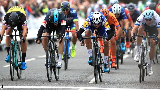 Gaviria (second from right) held on in a thrilling finish