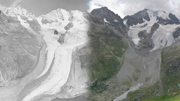 A before and after image of a mountain, covered with snow and with a glacier on the left and on the right almost snowless on the lower slopes with most of the glacier having melted.