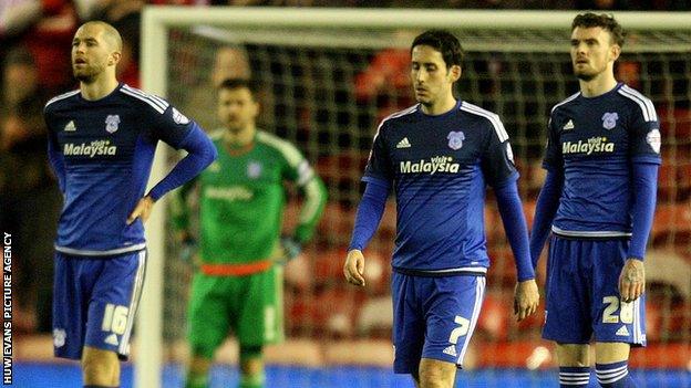 Cardiff City players following the defeat at Middlesbrough