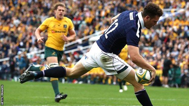 Duncan Taylor scores for Scotland against Australia