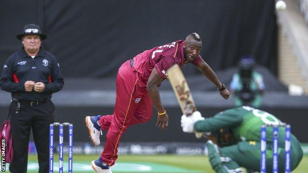 West Indies all-rounder Andre Russell bowls a bouncer against Pakistan