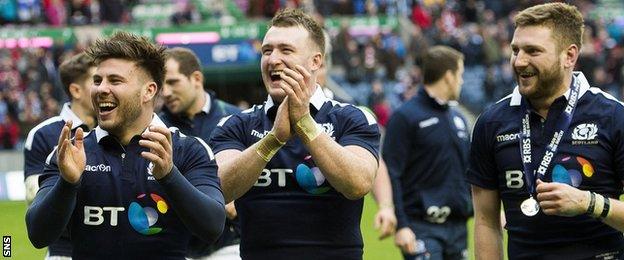 Ali Price, Stuart Hogg and Finn Russell bask in the win over Wales