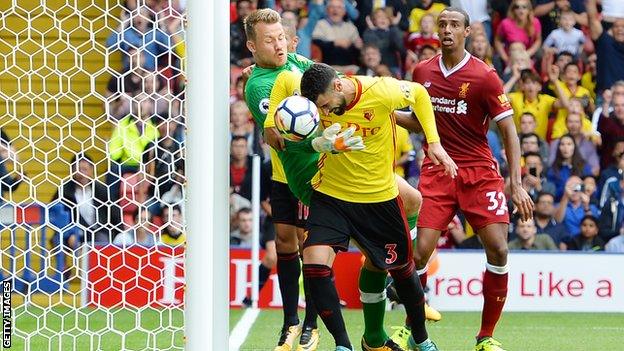 Miguel Britos heads Watford's equaliser over the line