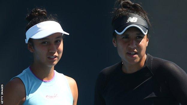 Leylah Fernandez and Heather Watson discuss tactics in their Australian Open first-round match