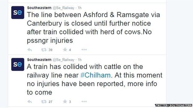 Tweets from Southeastern about the train hitting cows