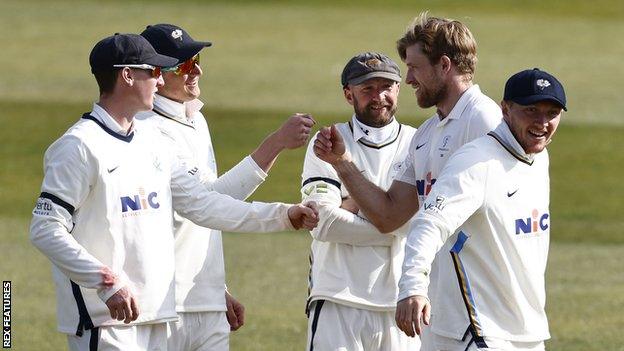 Yorkshire celebrate a wicket for David Willey