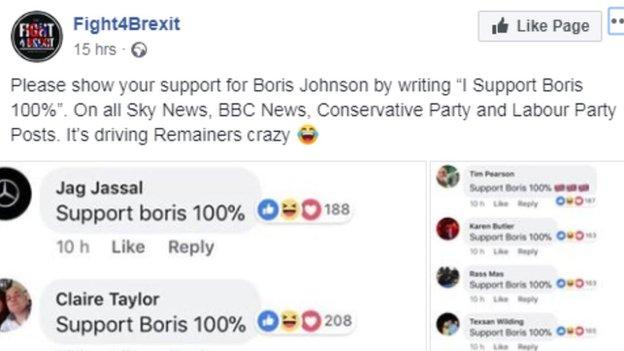 The Fight4Brexit post that kicked things off. It says "Please show your support for Boris Johnson by writing "I Support Boris 100%". On all Sky News, BBC News, Conservative Party and Labour Party Posts. It's driving Remainers crazy.