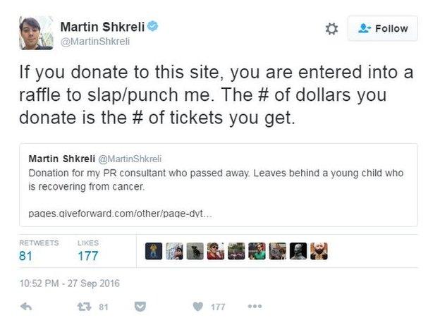 Martin Shkreli tweets: "If you donate to this site, you are entered into a raffle to slap/punch me. The # of dollars you donate is the # of tickets you get."