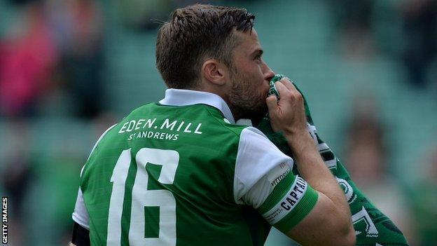 Hibs' Lewis Stevenson sheds a tear in his testimonial against Sunderland