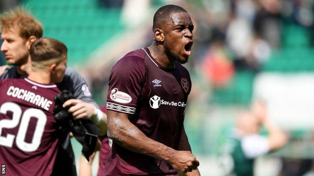 Hearts scorer Uche Ikpeazu celebrates