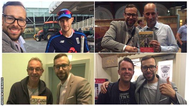 Andrew Edwards with Joe Root (top left), Nasser Hussain (top right), David Lloyd (bottom left) and Graeme Swann (bottom right).