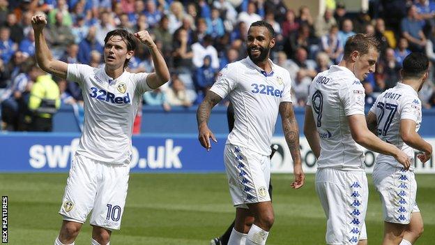 Marcus Antonsson (left) celebrates his goal with his Leeds team-mates