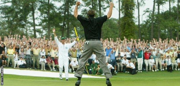 Phil Mickelson celebrates winning the Masters in 2004