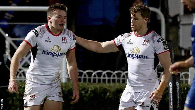 Jacob Stockdale and Andrew Trimble in action for Ulster