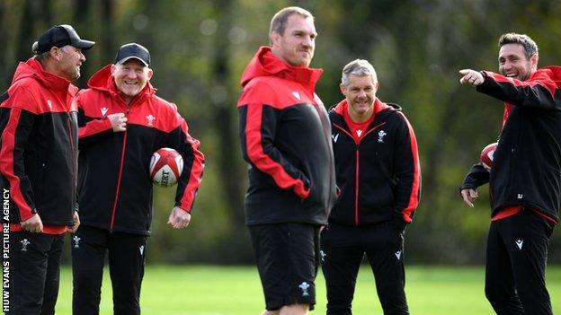 Gethin Jenkins in Wales training with coaches Wayne Pivac, Neil Jenkins, Byron Hayward and Stephen Jones