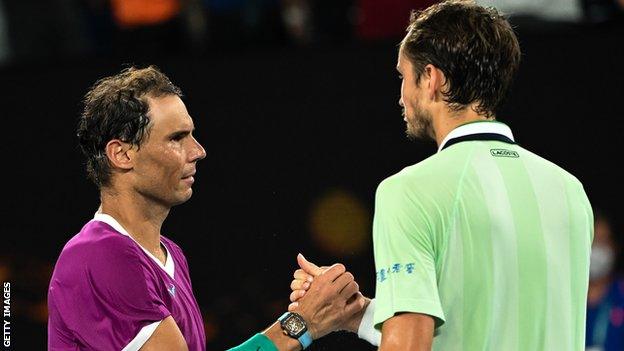 Daniil Medvedev shakes hands with Rafael Nadal after the Australian Open final