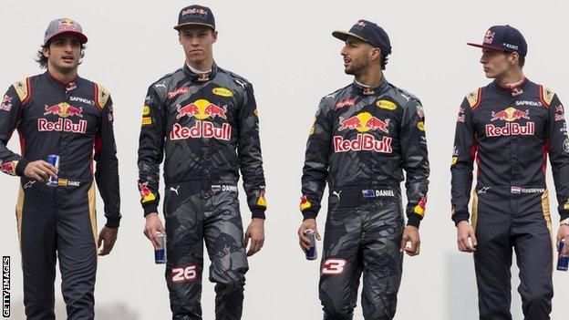 Daniel Ricciardo of Australia and Red Bull Racing, Daniil Kvyat of Russia and Red Bull Racing, Carlos Sainz of Spain and Scuderia Toro Rosso and Max Verstappen of Netherlands and Scuderia Toro Rosso