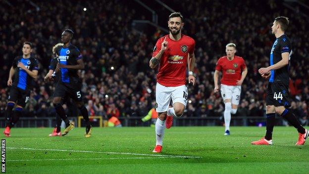 Bruno Fernandes celebrates scoring for Manchester United in the Europa League