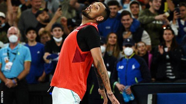 Nick Kyrgios mimics Cristiano Ronaldo's goal celebration after beating Liam Broady in his first-round match