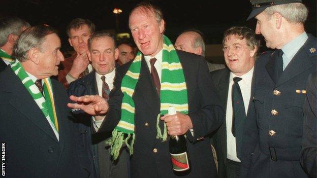 Jack Charlton after arriving back in Dublin following his Republic side's 1-1 draw at Windsor Park in November 1993