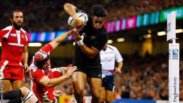 Julian Savea drives over the line to score for New Zealand