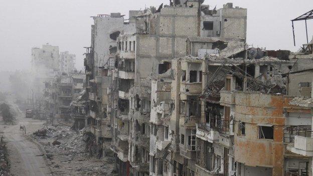 A picture of bombed buildings in Homs, Syria