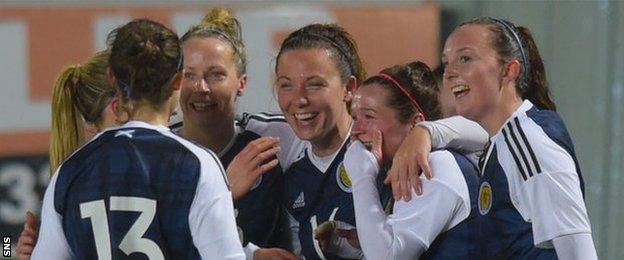 Scotland celebrate Emma Mitchell's goal