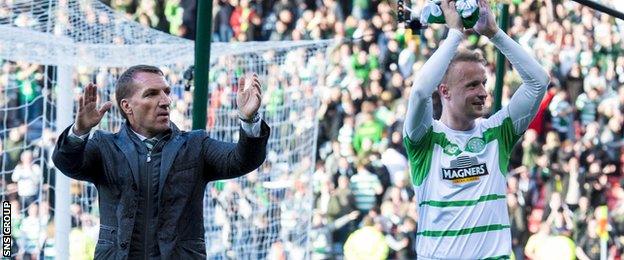 Brendan Rodgers and Leigh Griffiths applaud the Celtic fans at Hampden