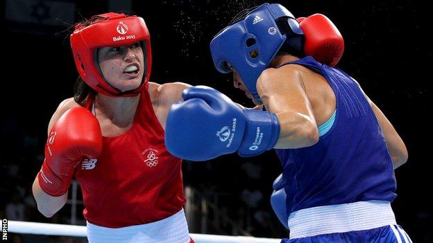 Katie Taylor aims a left at Denitsa Eliseeva in Sunday's bout in Baku