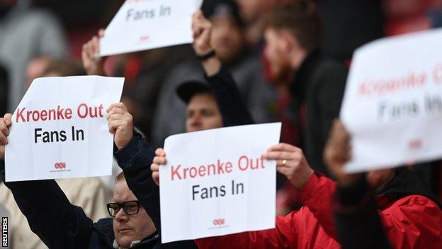 Arsenal fans hold banners that read 'Kroenke Out, Fans In' at their match with Brighton