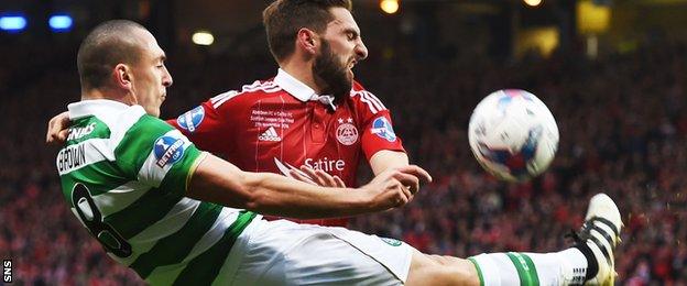 Celtic's Scott Brown beats Aberdeen's Graeme Shinnie to clear