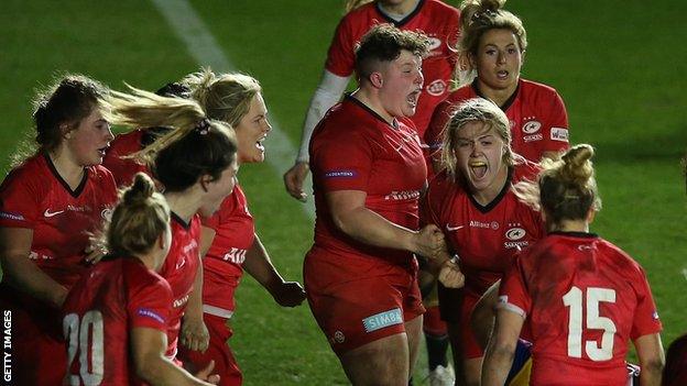 Saracens celebrate beating Harlequins in December 2019