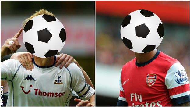 A former Tottenham and ex-Arsenal player with their faces covered by a football